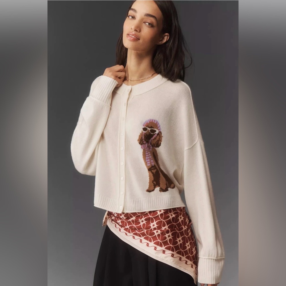 NWT Anthropologie The Goldie Crew Neck Cashmere Blend Dog Cardigan Sweater Sz M